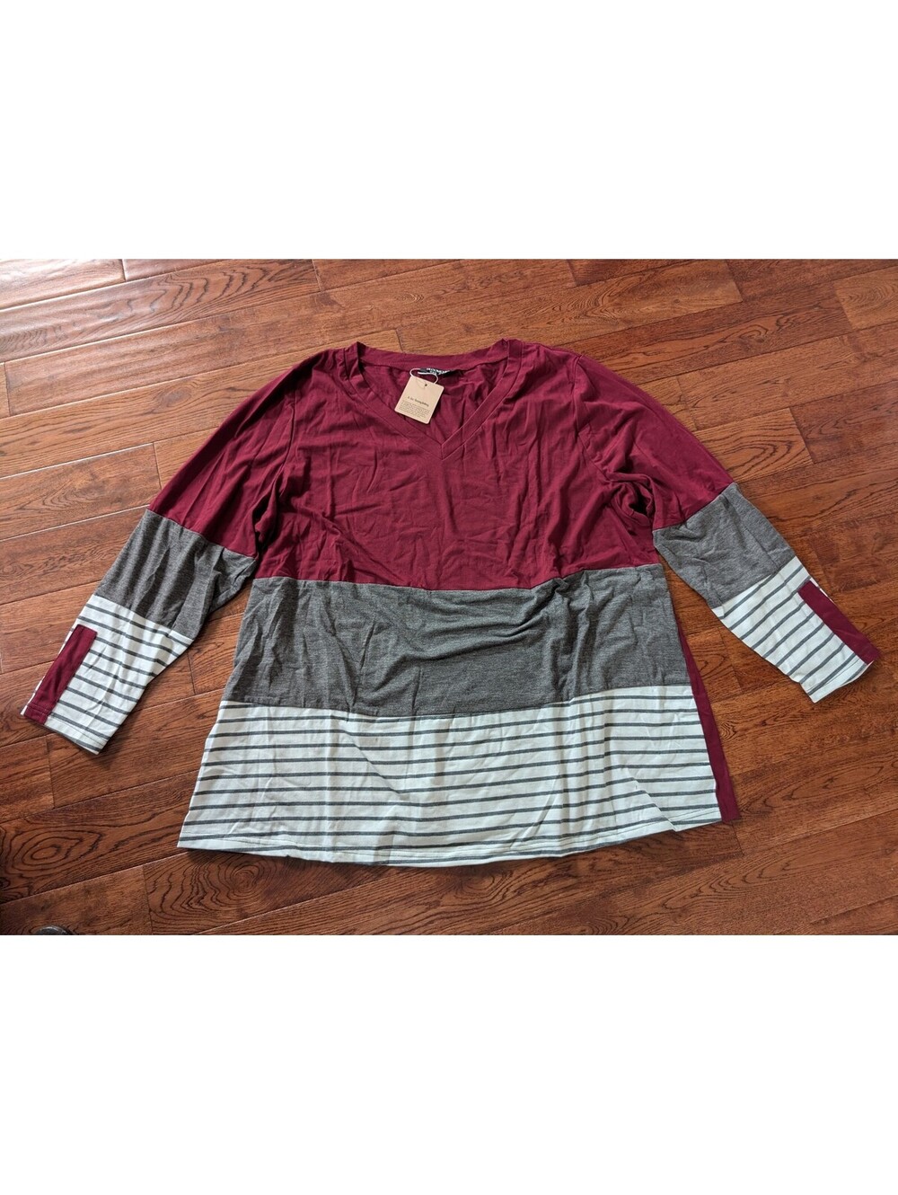 BloomChic Colorblock Contrast Striped V Neck T-shirt Maroon Gray Size 22-24/3X